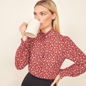 NWOT Reformation Winstead Floral Ruffle Neck Button Down Top Blouse Red XS